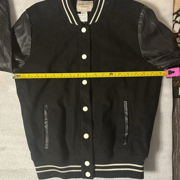 Forever 21 Faux Leather Black/White Moto Varsity Bomber Jacket S Thriller Biker - Picture 9 of 14